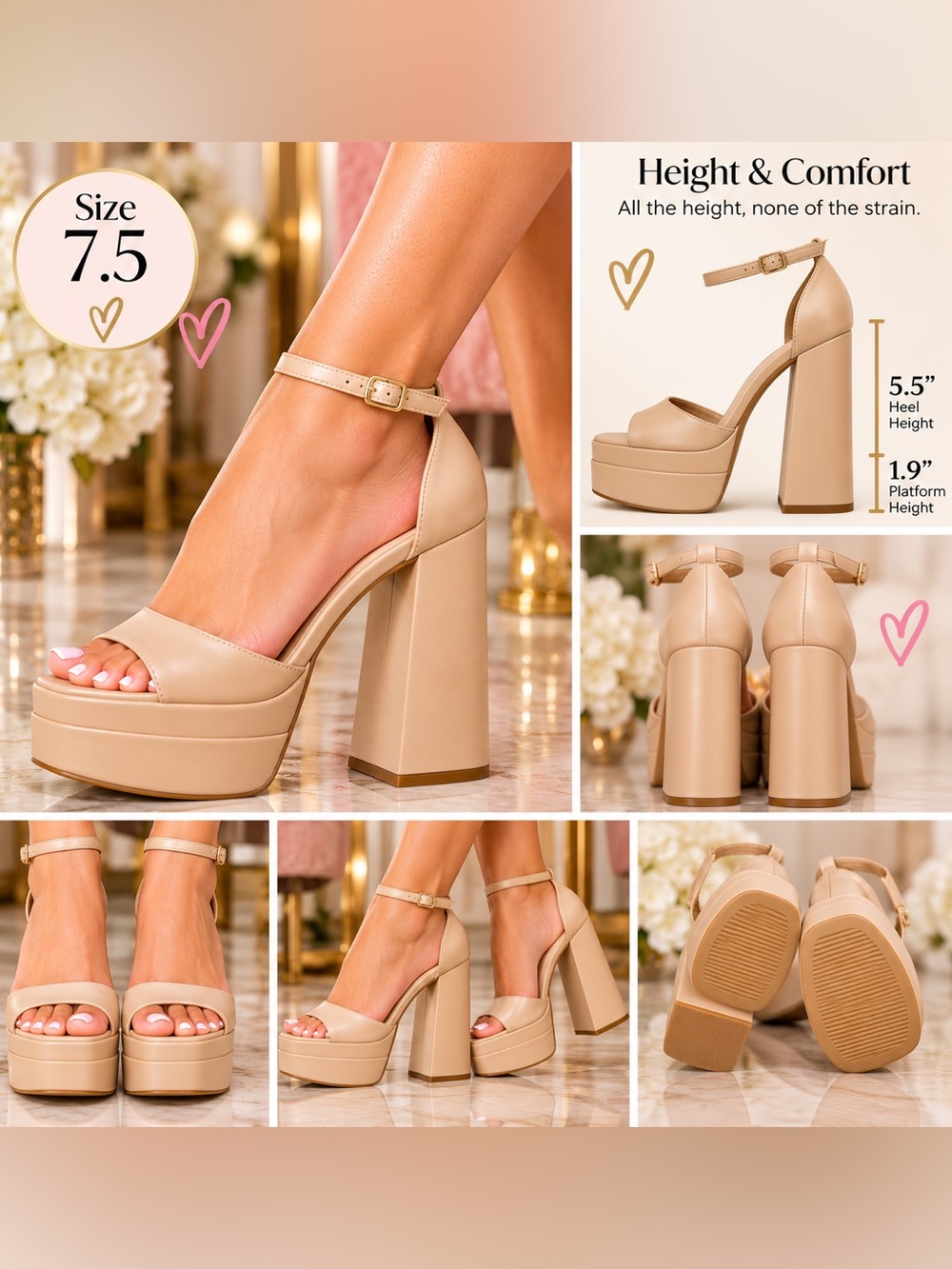 Dream Pairs Beige Ankle-Strap Platform Block Heels